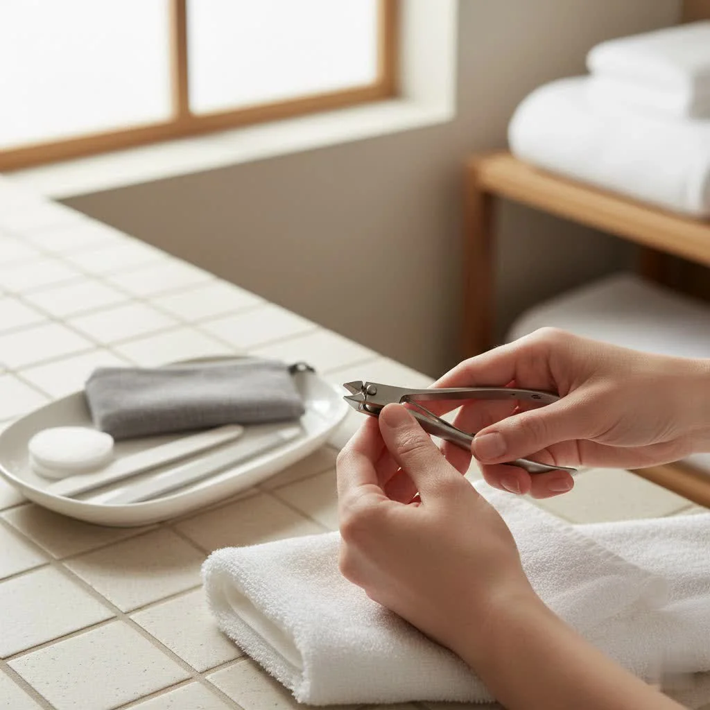 Close-up of a person using specialized clippers on an acrylic nail